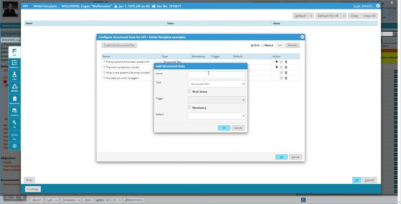 Add Structured Data dialog ready for new entry, with previous fields listed including a date field
