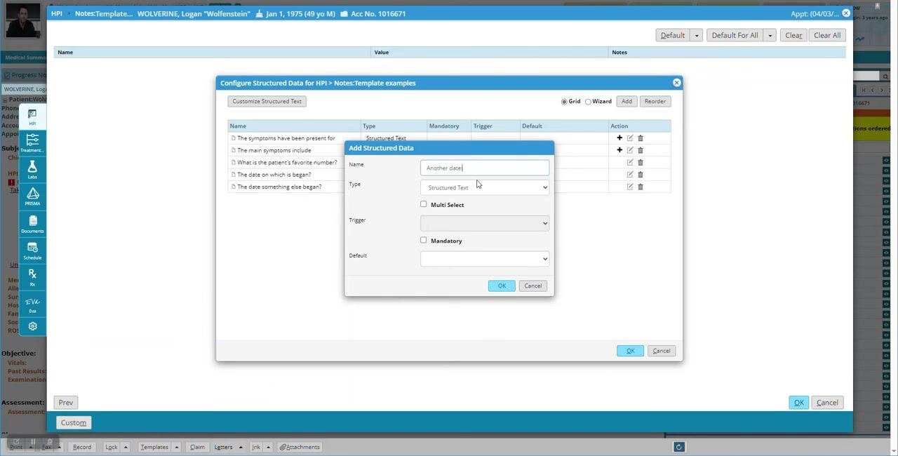 Add Structured Data dialog with "Another date:," Date (yyyy) type selected, and OK button visible