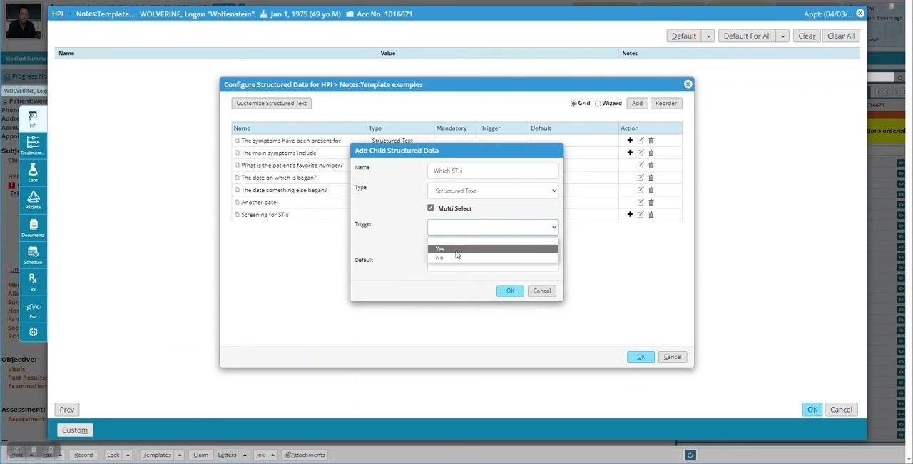 Add Child Structured Data dialog with "Which STIs," Structured Text, Multi Select, and Trigger set to Yes