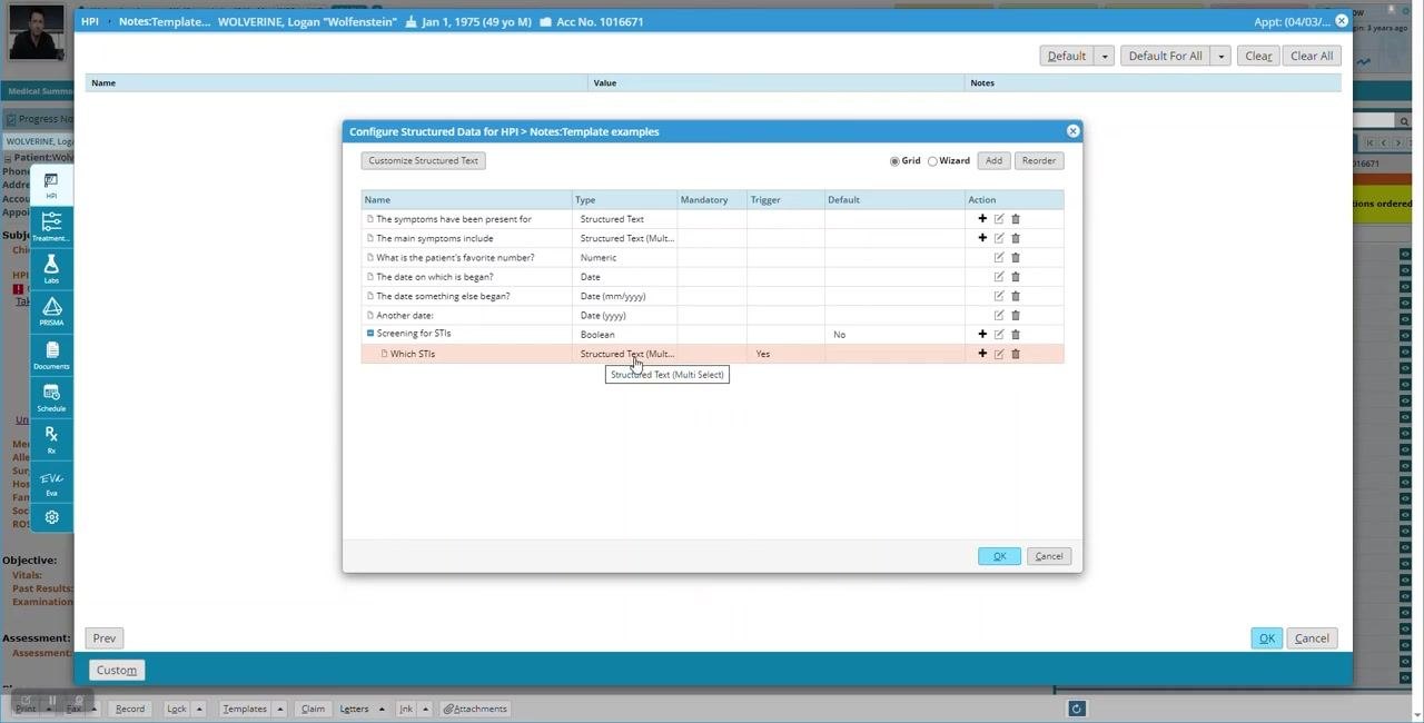 Configure Structured Data for HPI window showing "Screening for STIs" with child field "Which STIs" (Structured Text, Multi Select, Trigger: Yes)
