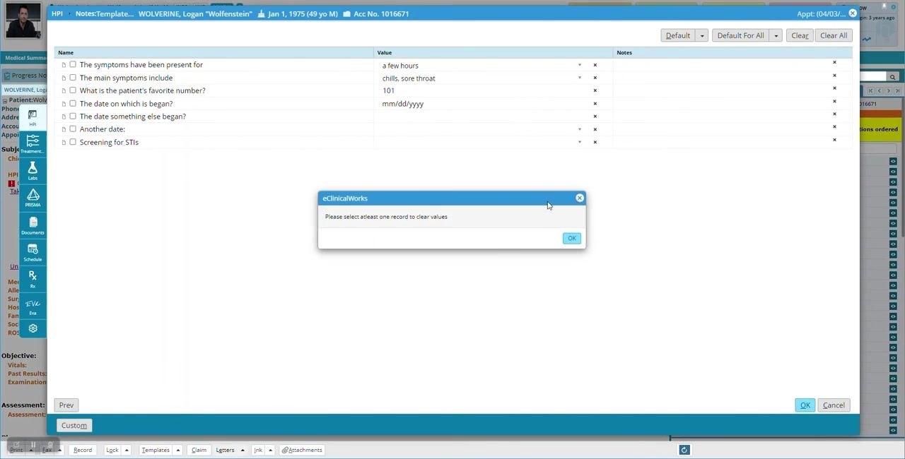 Structured data entry screen with a pop-up dialog from eClinicalWorks stating "Please select at least one record to clear values," with the main template fields and current values visible in the background