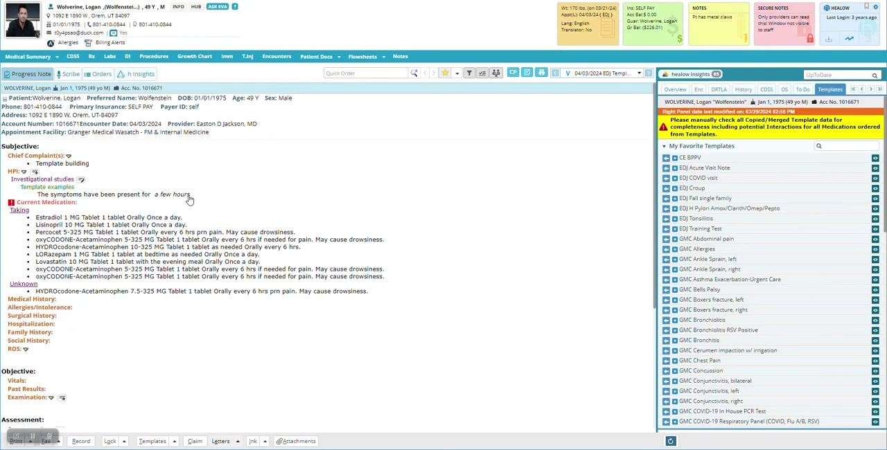 HPI section showing the template example and an answered question
