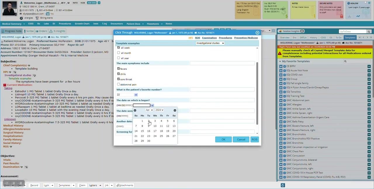 Dialog with date picker open and fields filled with sample values