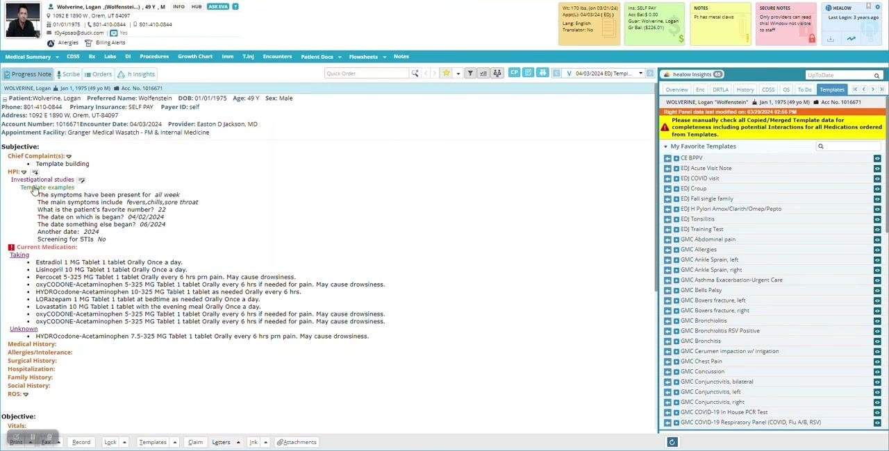 HPI section showing "Would you like to be screened today?" with an incorrect data type