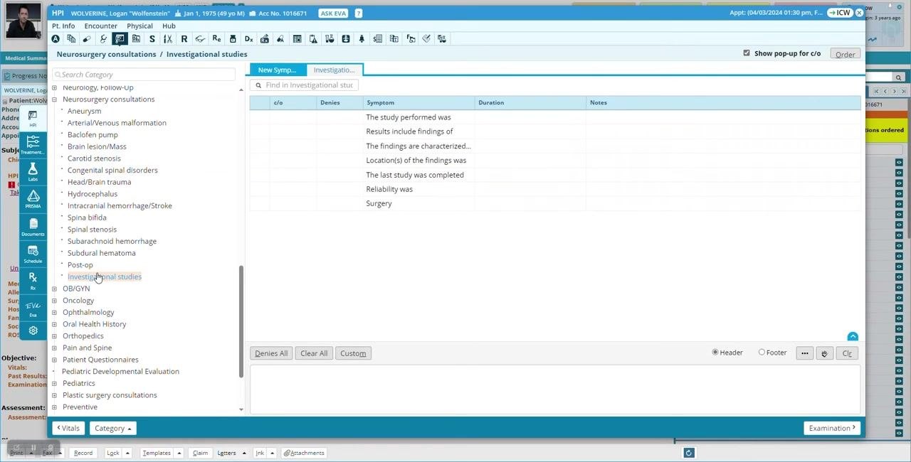 Investigational studies subsection selected, showing existing items in the right pane