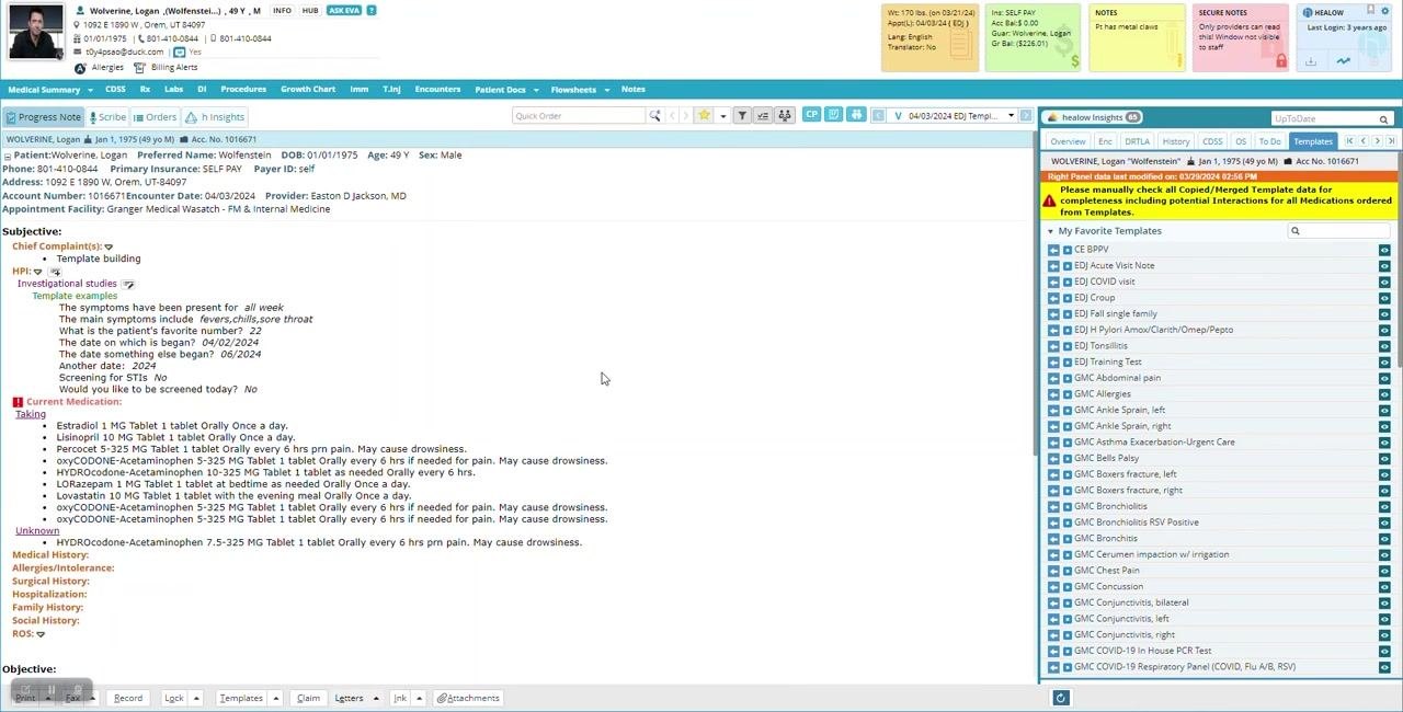 HPI section with updated answers and branching logic, illustrating template flexibility