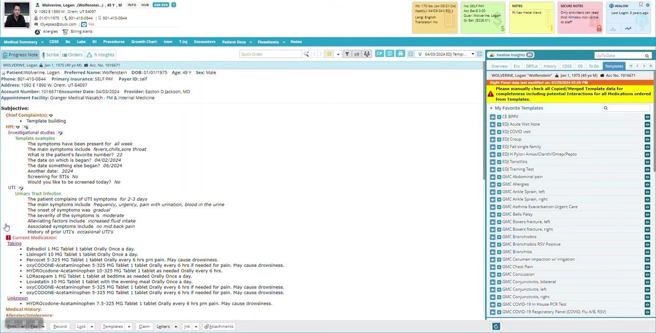 Template list with "GMC UTI with hematuria" highlighted for selection
