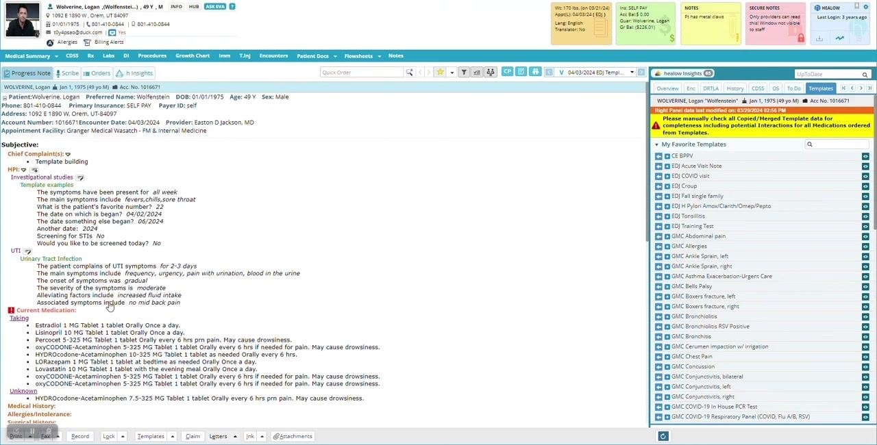 Patient chart after updating template selections, showing "occasional UTIs" now included in the HPI