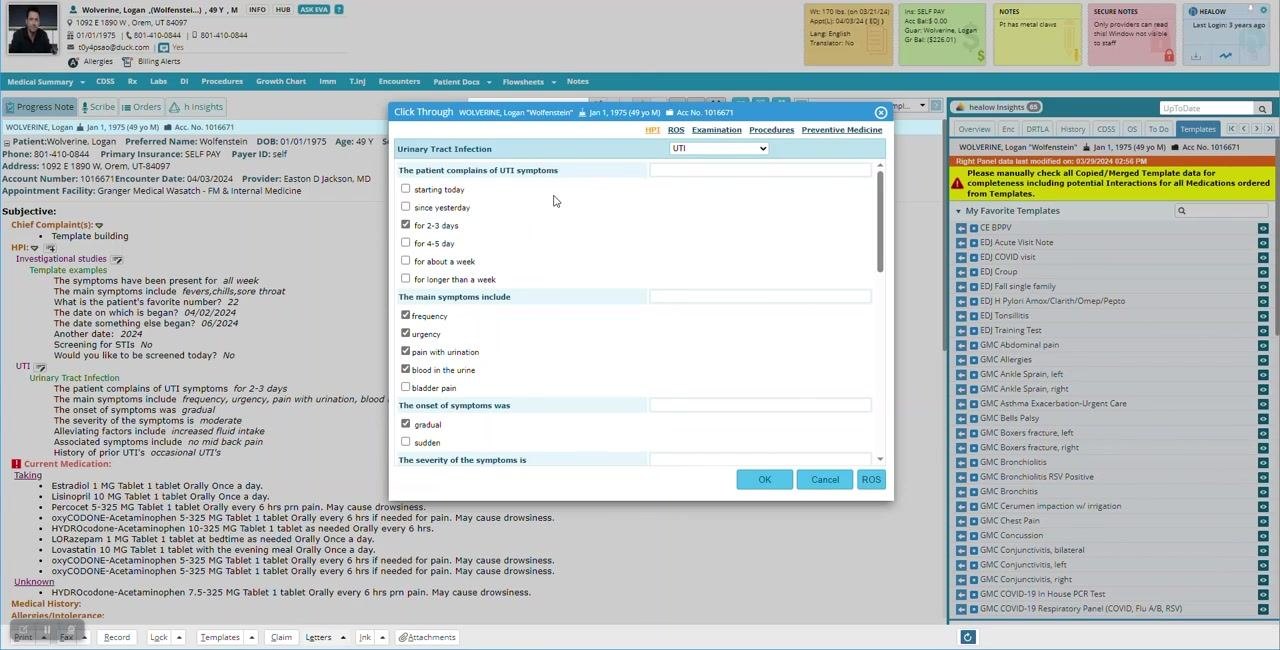 Template pop-up window with blank fields for custom input, checkboxes for symptoms, and options for onset and severity
