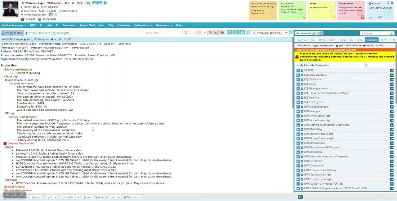 Template pop-up for UTI with standard and custom symptoms entered, checkboxes selected, and cursor near the OK button