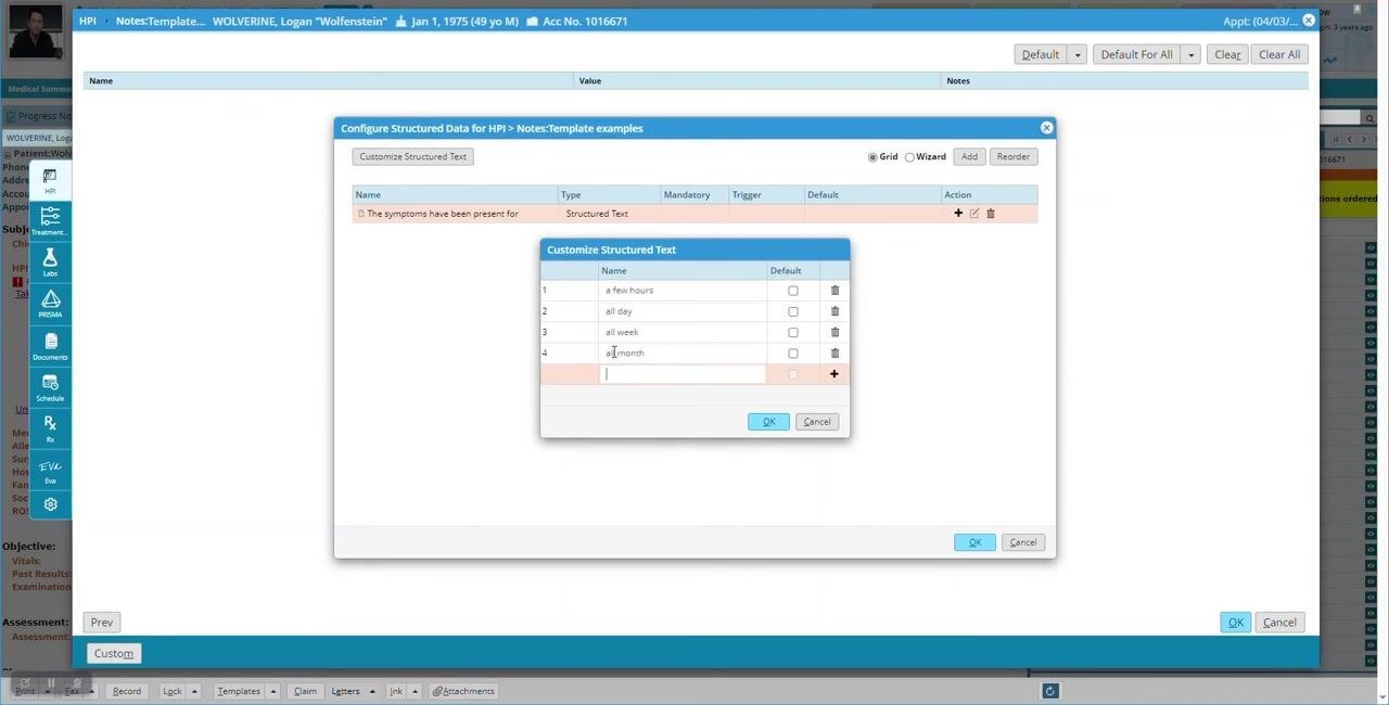 Customize Structured Text dialog with answers "a few hours", "all day", "all week", "all month", and "all year" entered as options
