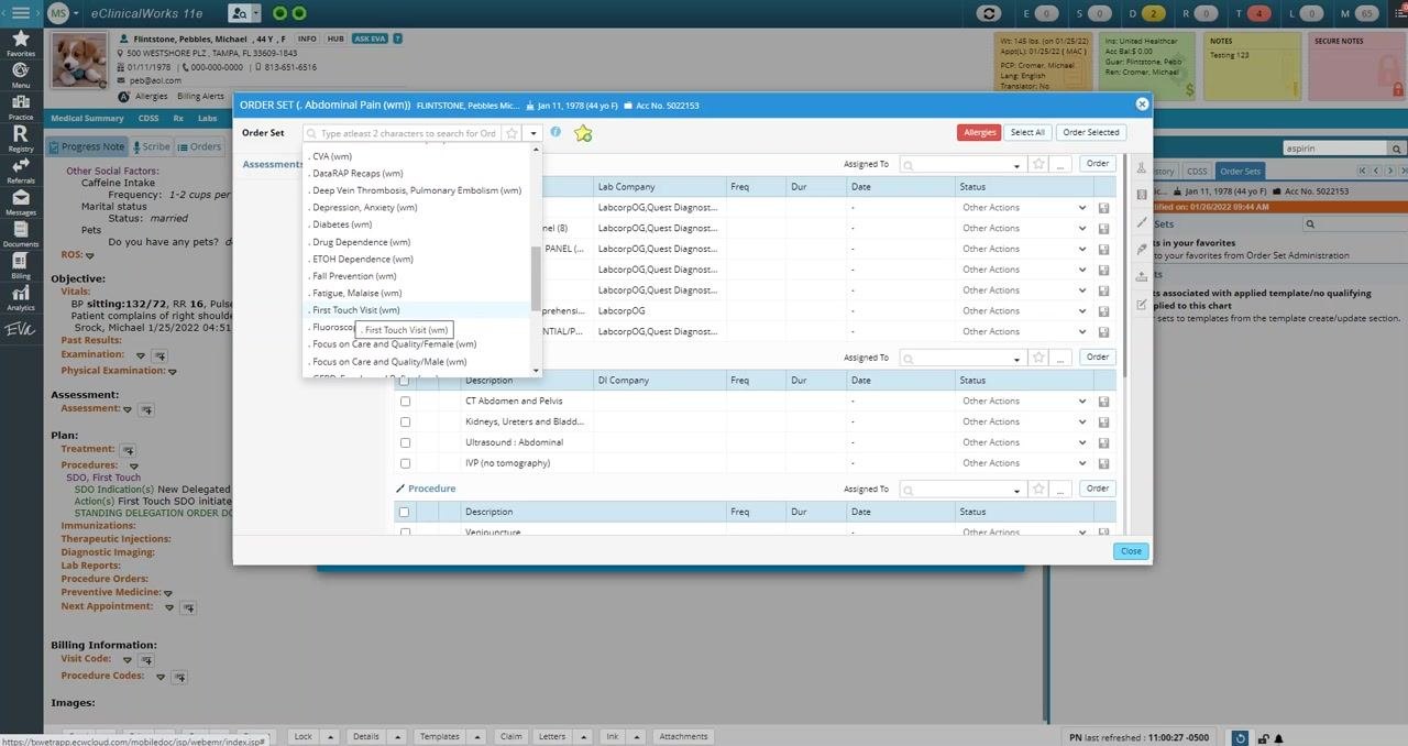 The First Touch Visit (wm) order set is highlighted in the dropdown list, ready to be selected.