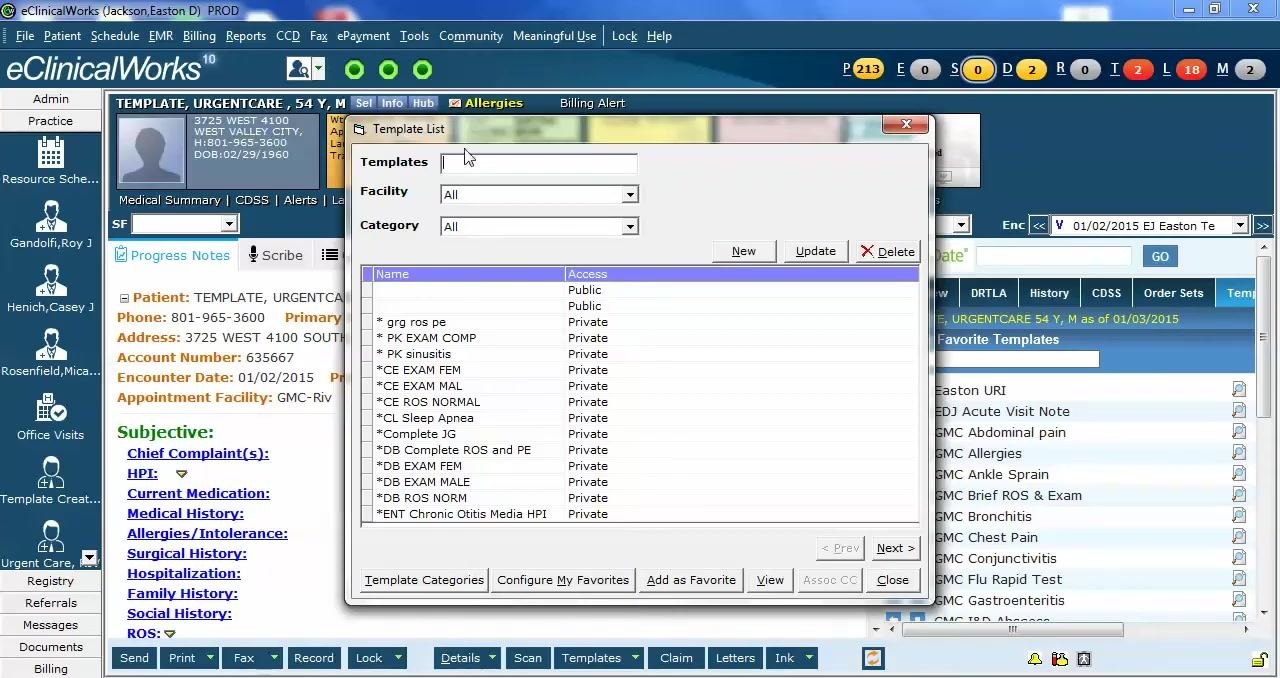 Progress note screen for the internal patient "T, TEMPLATES" is open, showing the template content ready for editing.