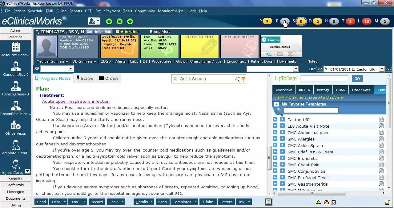 Cursor moving to click a jelly bean icon at the top of the eClinicalWorks interface, showing how to exit the template editing mode.