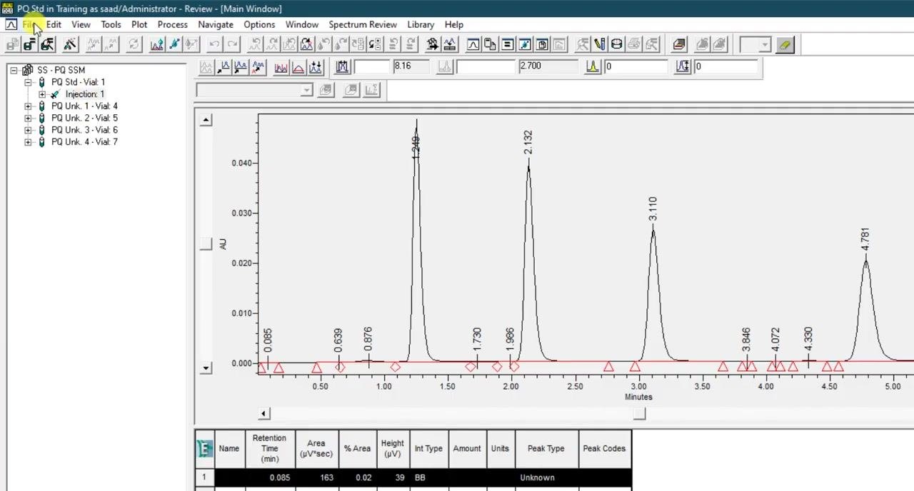 Integration - Peak Width and Threshold dialog with Peak Width set to 8.16, Threshold set to 3.100, and a chromatogram preview