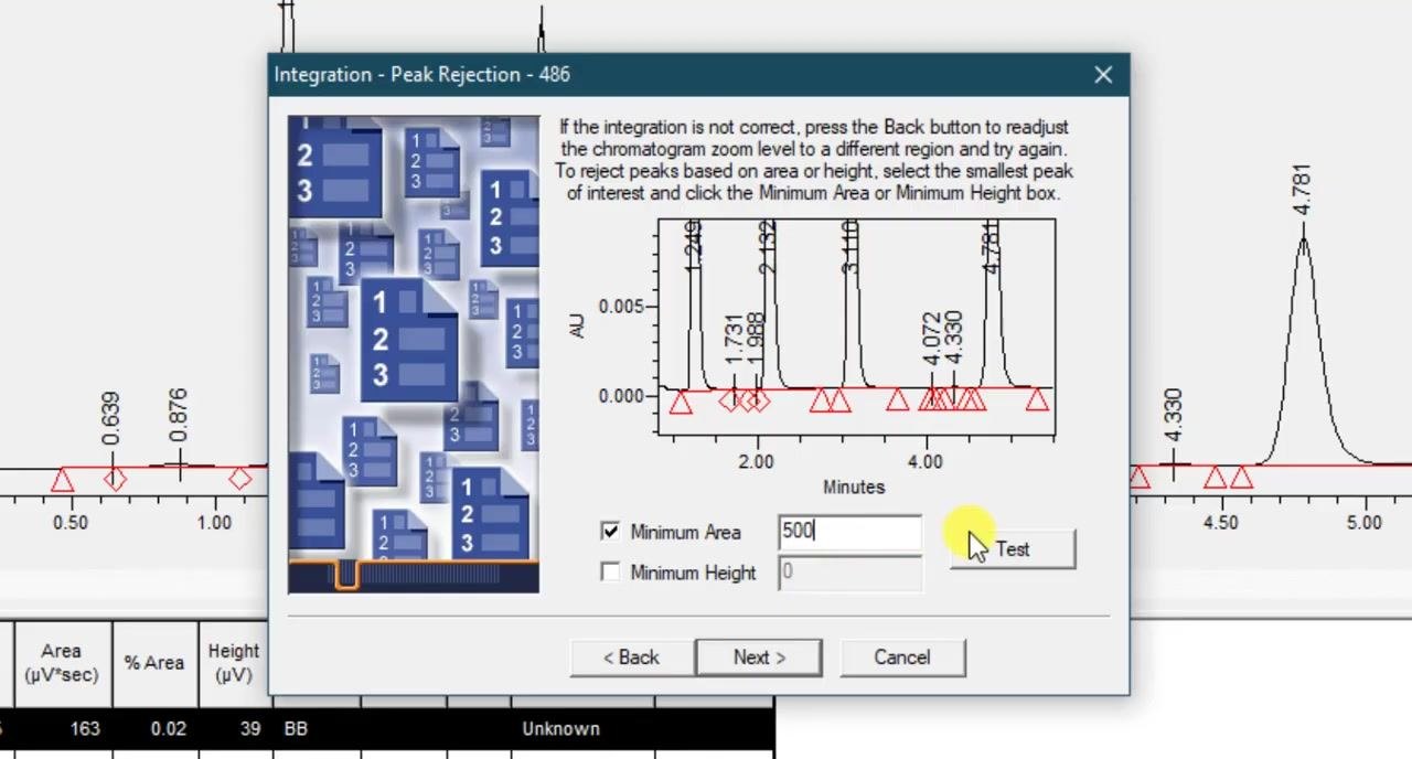 Integration - Peak Rejection dialog with Minimum Area set to 500 and the Test button selected