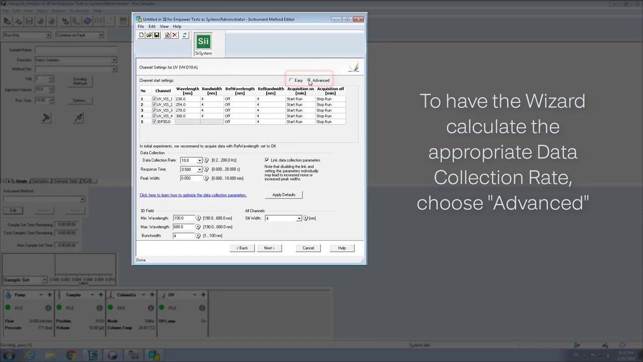 UV channel settings window with the instruction to choose Advanced mode for data collection rate calculation