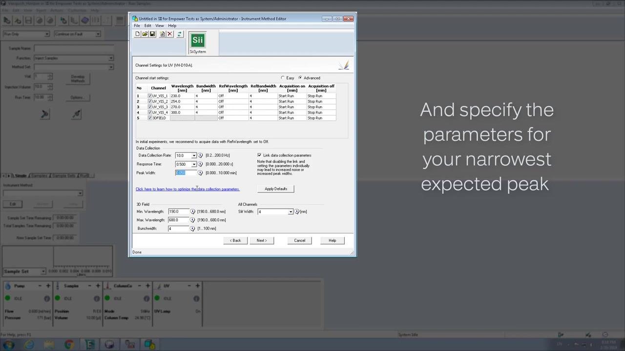 Channel Settings for UV window showing parameters for the narrowest expected peak