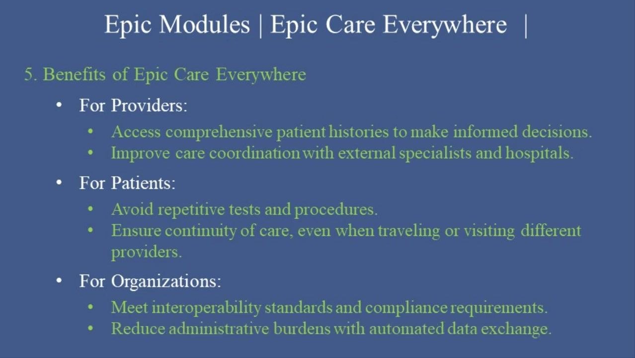 Slide listing organization benefits of Epic Care Everywhere, including meeting compliance standards and reducing administrative burden