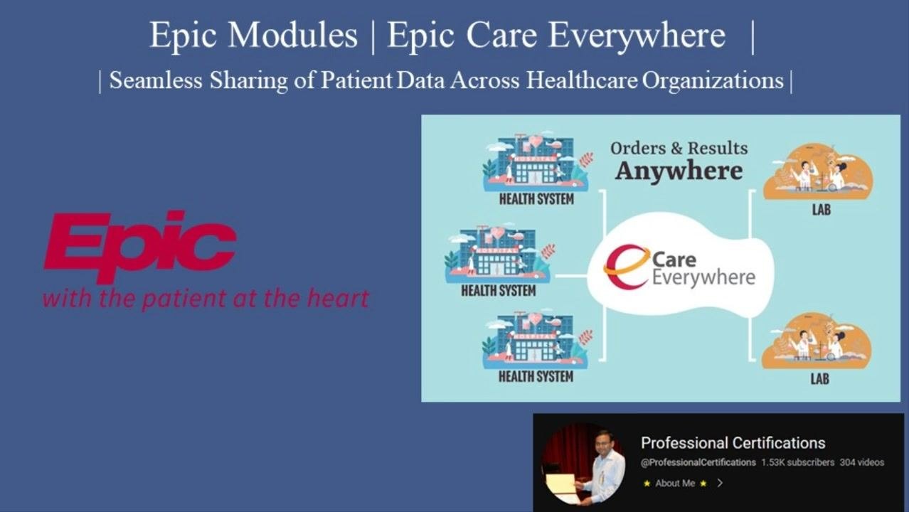 Title slide showing "Epic Modules | Epic Care Everywhere | Seamless Sharing of Patient Data Across Healthcare Organizations", Epic logo with tagline "with the patient at the heart", a diagram of health systems and labs connected via "Care Everywhere", and the Professional Certifications channel info