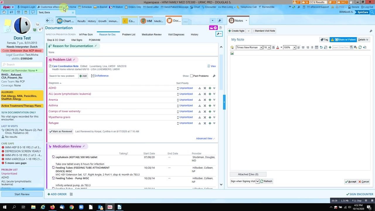 Epic eRecord interface with the "Customize eRecord" option highlighted in the top menu bar, showing the patient chart and documentation area.