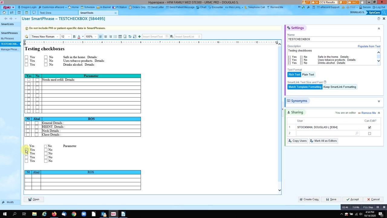 Checkboxes being added to the new table rows in the SmartPhrase template.