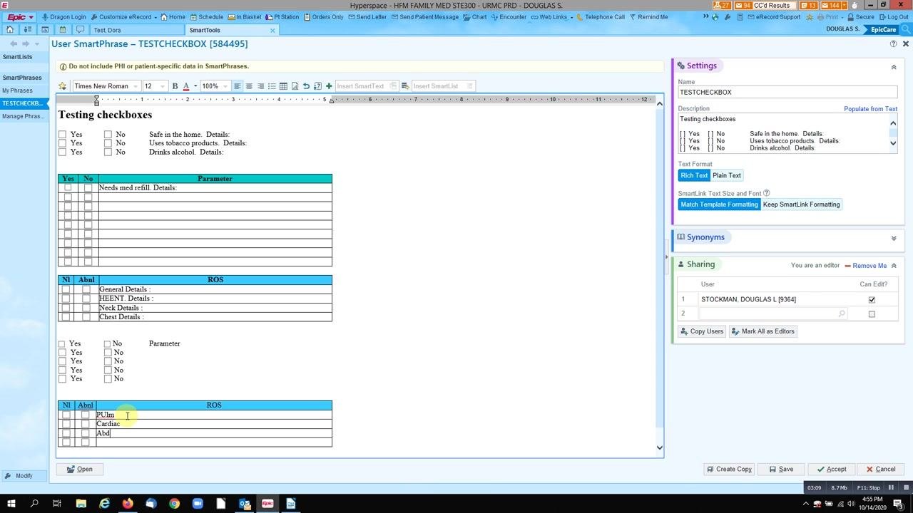 ROS table at the bottom of the template filled with the parameters Pulm, Cardiac, and Abd.