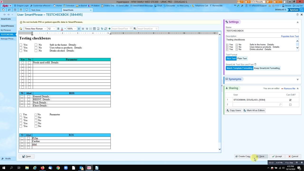 Save button highlighted in the SmartPhrase editor, ready to save and accept the updated template.