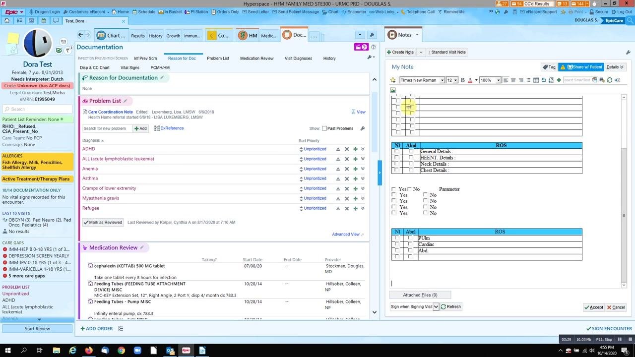 Checkbox template in use, with checkboxes for normal and abnormal findings across parameters such as Pulm, Cardiac, and Abd.