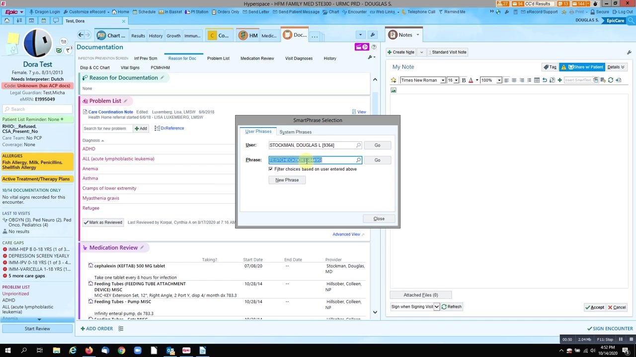SmartPhrase Selection dialog with the user and phrase fields filled in, showing the TESTCHECKBOX phrase.