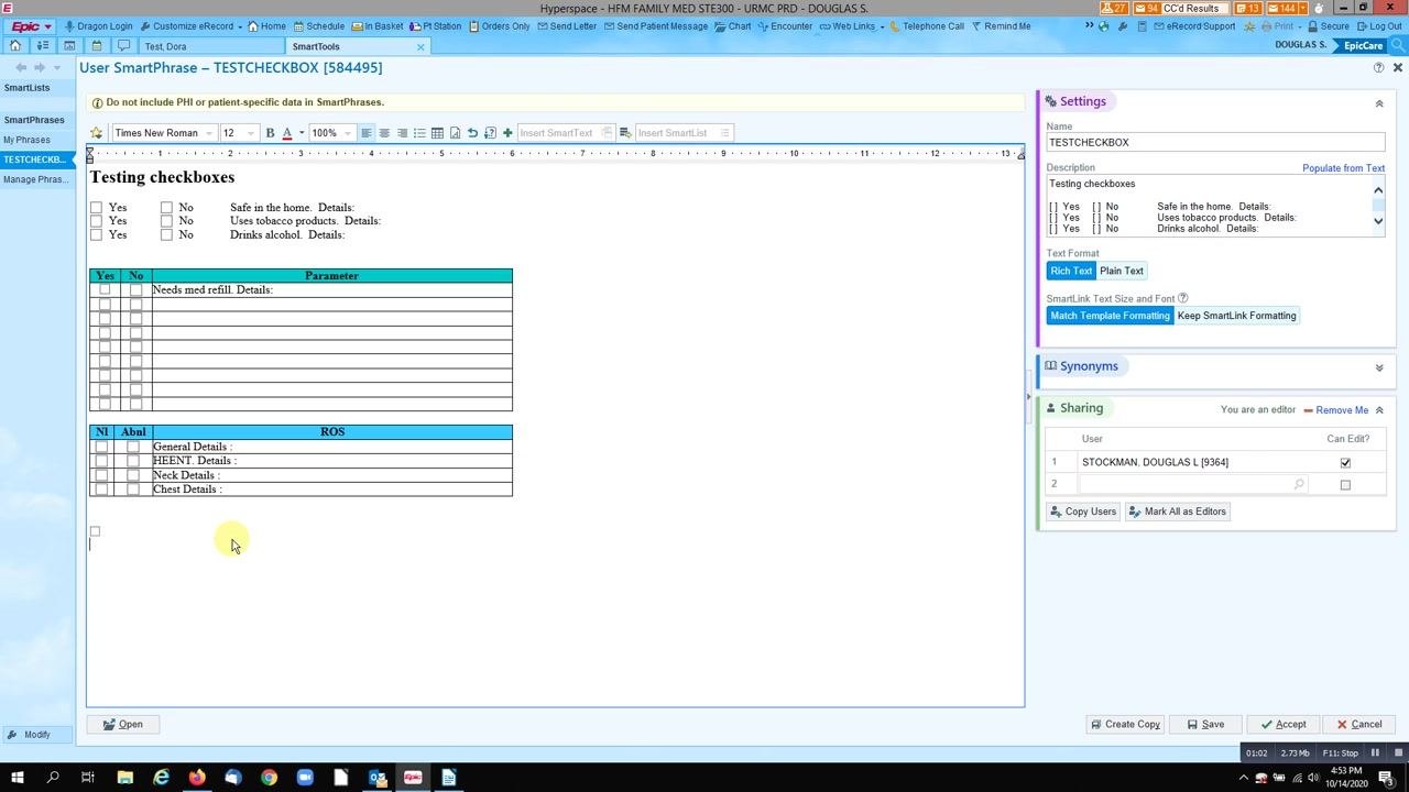 SmartPhrase editor open with checkboxes and tables for Yes/No questions and parameters, with the settings panel on the right.