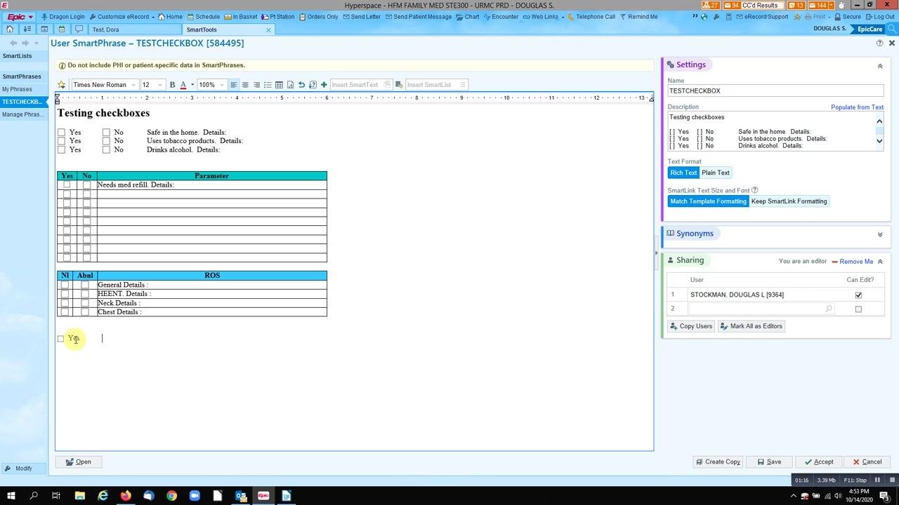 SmartPhrase editor showing additional Yes/No rows being added by copying and pasting.