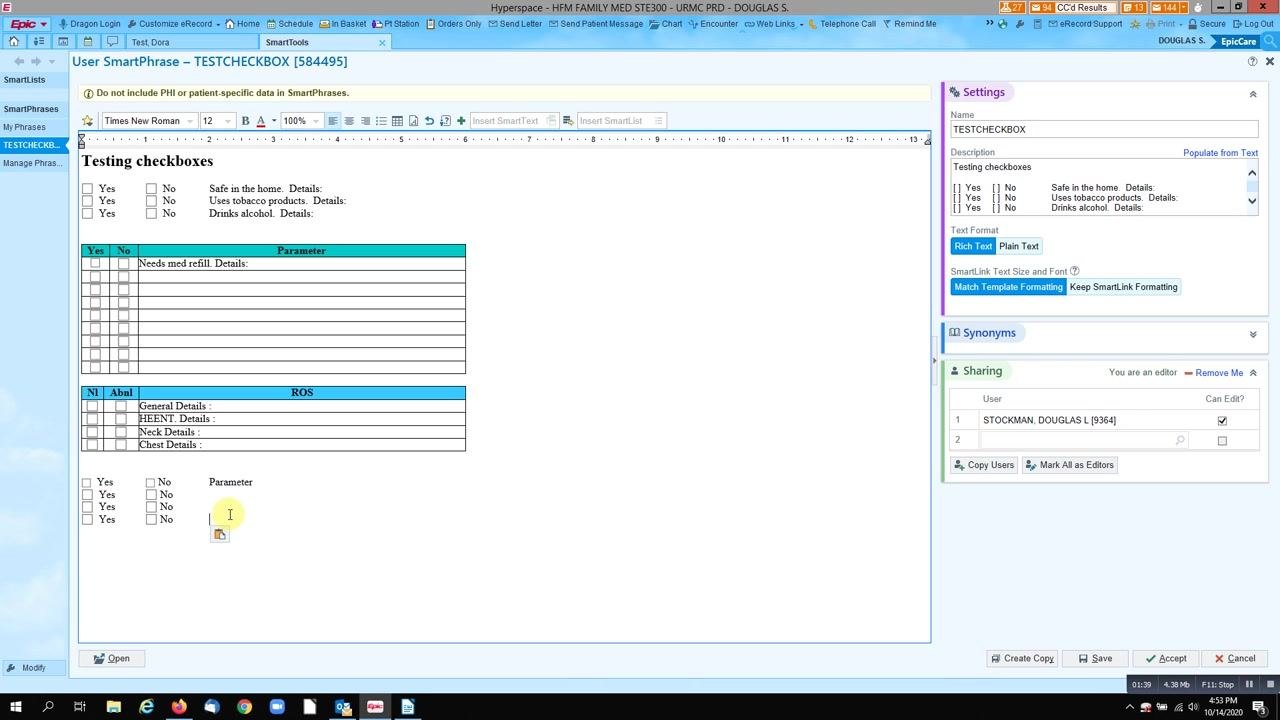 SmartPhrase editor with multiple tables and checkboxes, showing the template expanding efficiently.