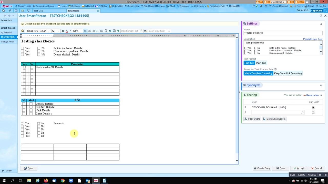 SmartPhrase editor with the Insert Table button highlighted, showing a new table being added for ROS.