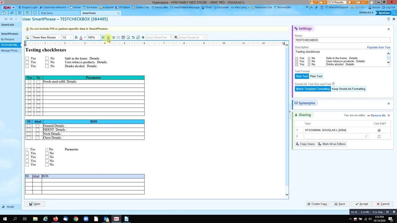 Table at the bottom of the SmartPhrase template with centered content and a colored header row.