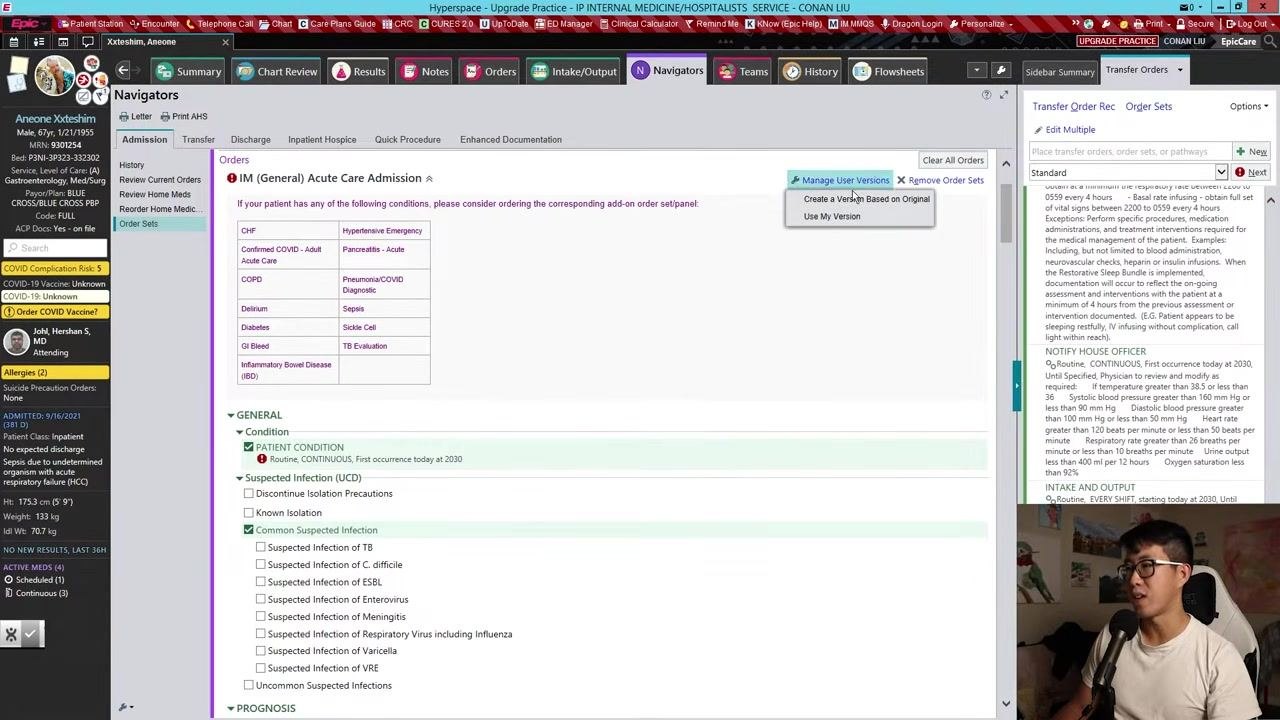 Epic interface showing the Order Sets section with various admission order sets listed, including IM (General) Acute Care Admission, and user options on the left sidebar