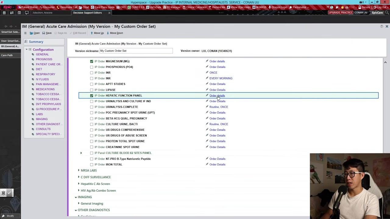Epic order set screen with the Routine Labs section expanded, showing CBC, Basic Metabolic Panel, Magnesium, and Hepatic Function Panel selected with correct frequencies