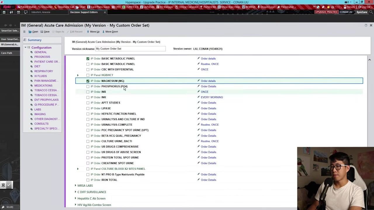 Epic order set screen with Physical Therapy Eval & Ongoing TX selected, condition set to assess mobility needs