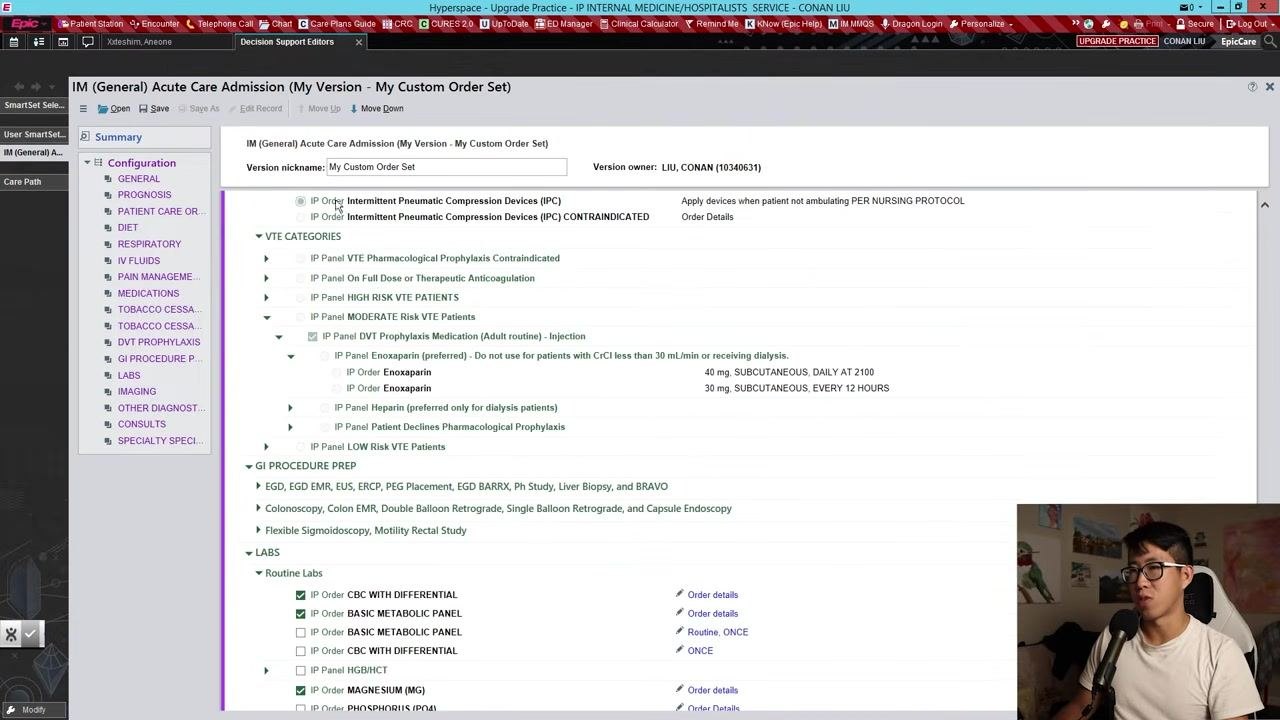 Epic order set screen with the Save button highlighted, showing the completed custom order set ready to be saved