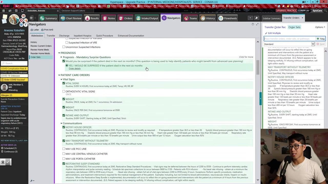 Epic navigator showing updated patient condition, infection precautions, and general admission details