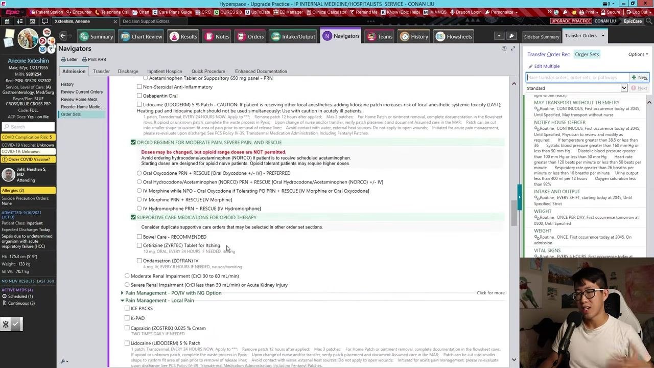 Epic navigator showing the prognosis question, vital signs, and patient care orders