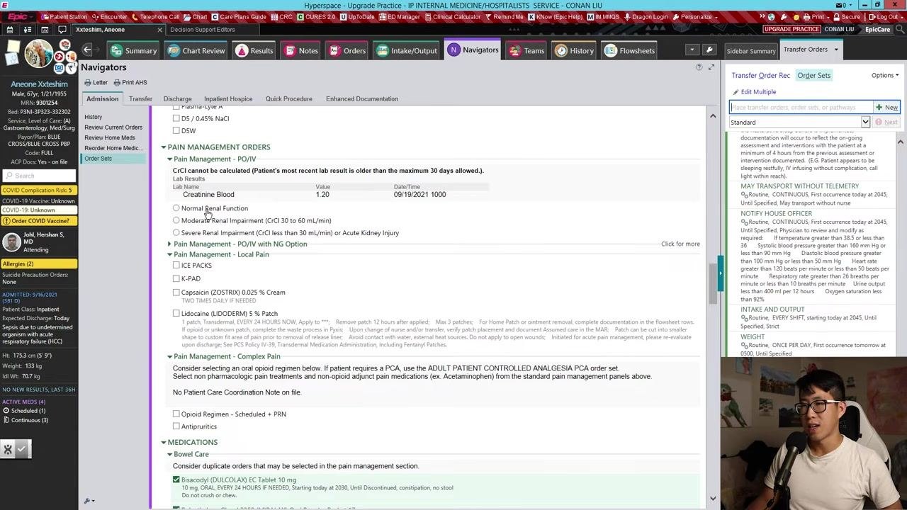 Epic navigator showing pain management orders, supportive care medications, and medication orders