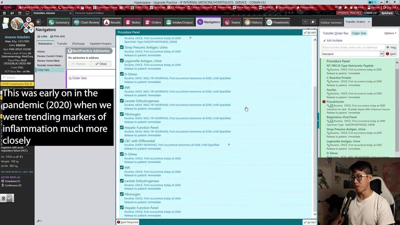 Epic order and order set search screen with iron-related labs and procedures being selected