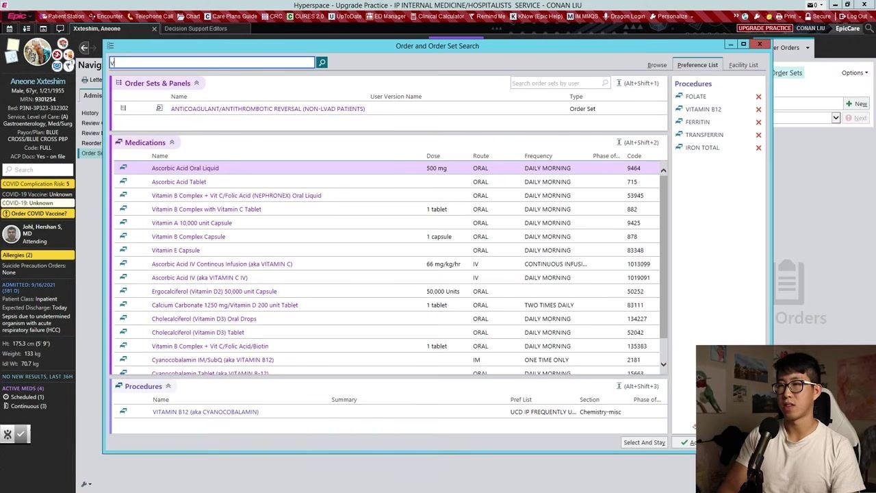 Epic Order and Order Set Search window showing a custom panel with selected labs and procedures, and the Accept button highlighted
