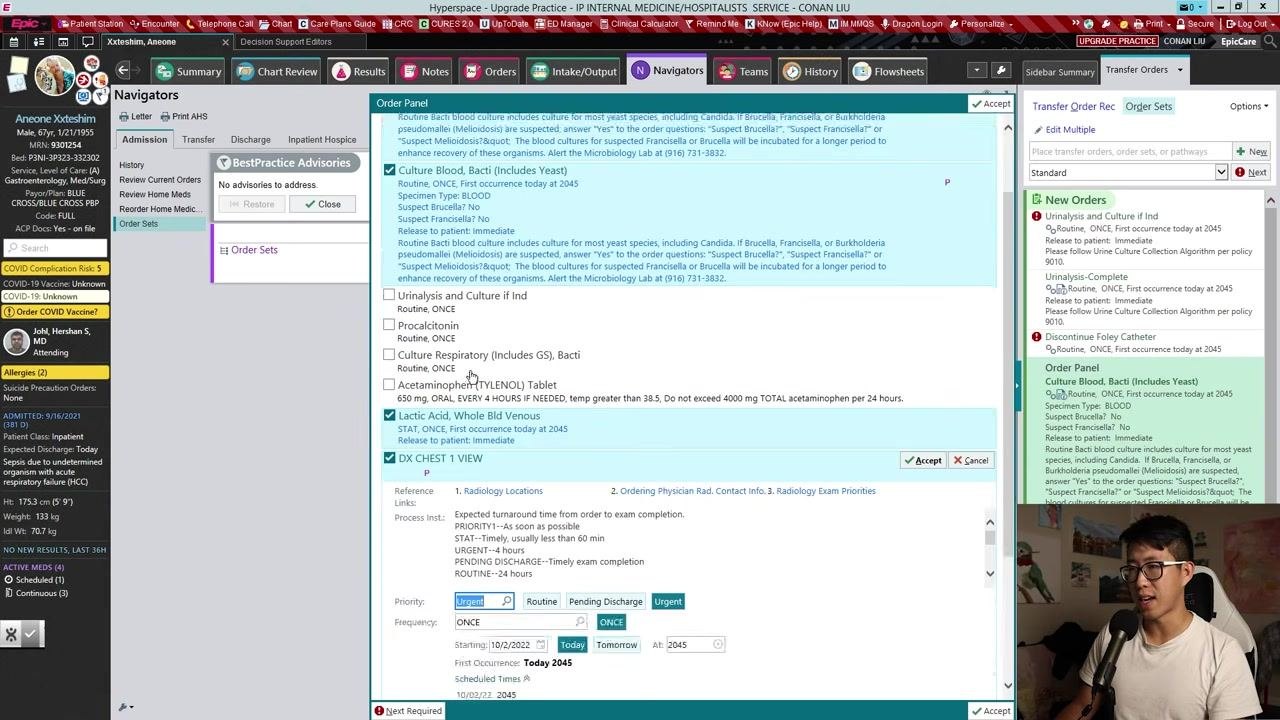 Order and Order Set Search window showing 'Conan's Nutrition Panel' listed among other nutrition-related order sets