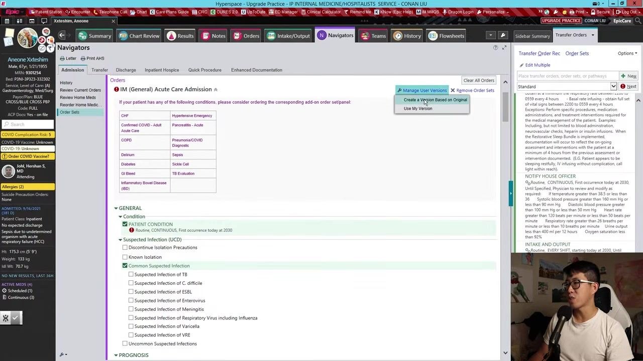 Epic order set screen with the 'Manage User Versions' dropdown open, showing the option to create a version based on the original