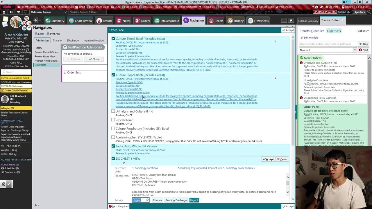 Order Panel window with detailed order options for fever workup, including blood cultures, urinalysis, and chest X-ray