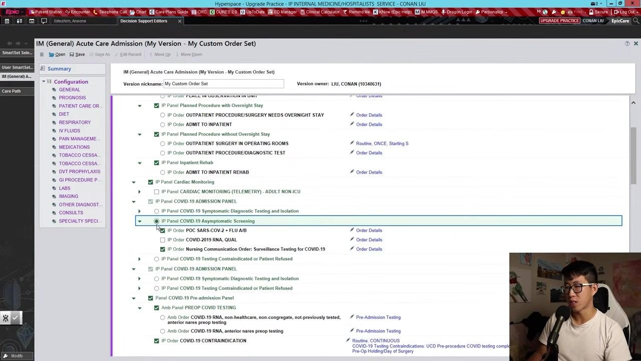 Epic order set screen with COVID-19 Asymptomatic Screening selected, showing various COVID-19-related panels and options