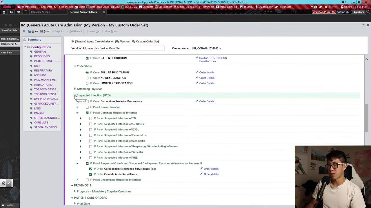 Epic order set screen showing Code Status set to Full Resuscitation and the Suspected Infection section with no defaults selected