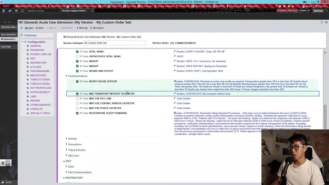 Epic order set screen with the Prognosis section expanded, showing 'Yes, I WOULD BE SURPRISED if the patient died in the next six months' selected